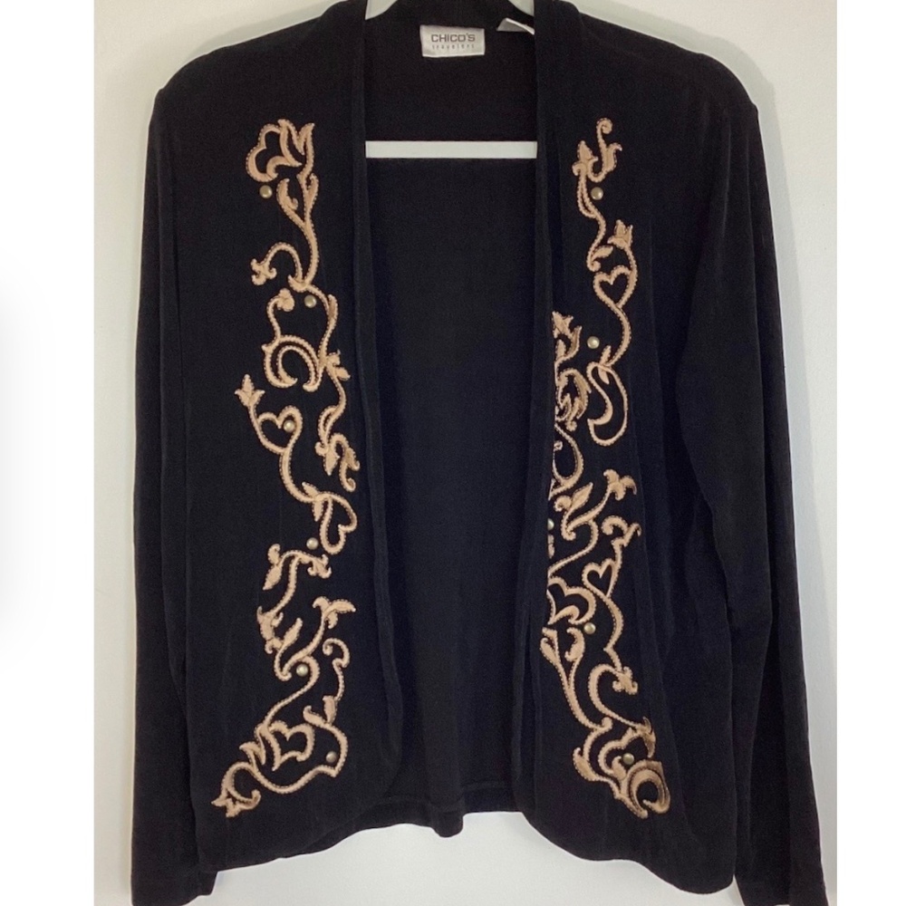 Chico’s Travelers Black Open Front Cardigan Jacket Embroidered XS ( Size 0 )